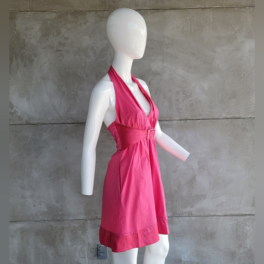 Bebe Hot Pink Fuschia Belted Halter Mini Dress